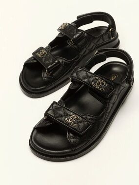 CHANEL Caviar Dad Sandals Black Gold Hardware 37
